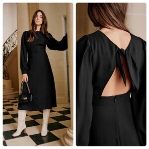 Sezane Daria Midi Dress Sz 10 Black NWT Back Tie Open Back